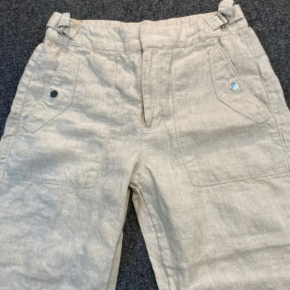 Athleta Voyager Womens 6 100% Linen Pants Beige Ankle Vacation Coastal Buckle - Picture 2 of 8